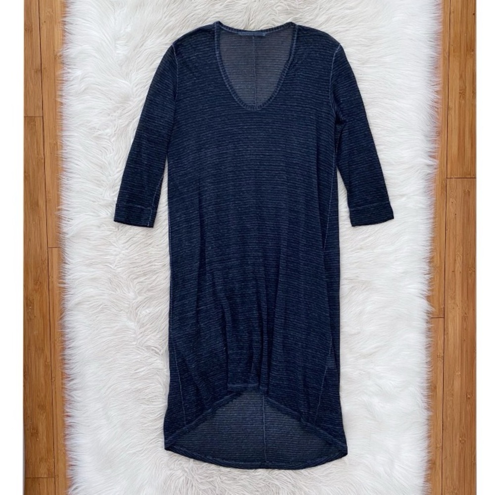 Transit Par Such Linen Dark Blue Stripe High Low Hem Midi Dress 2 Lagenlook